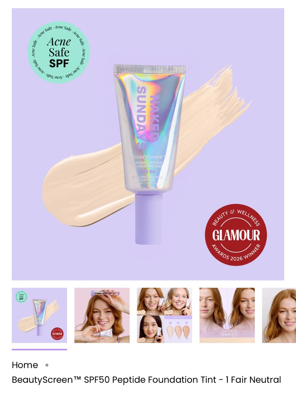 Naked Sunday beauty screen peptide foundation tint SPF 50. Shade 4